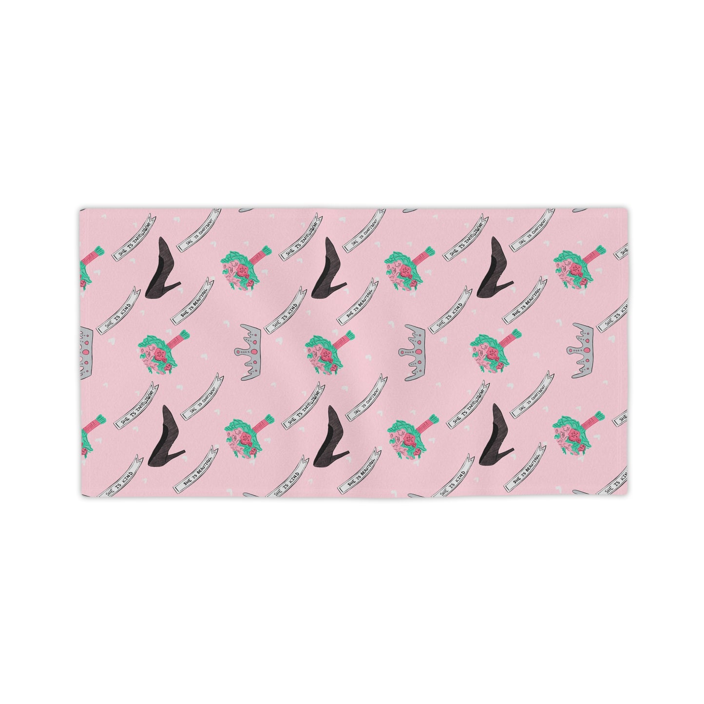 Pageant Princess Pattern Beach Towel — Pink Crowns, Heels, Sashes & Bouquets Design