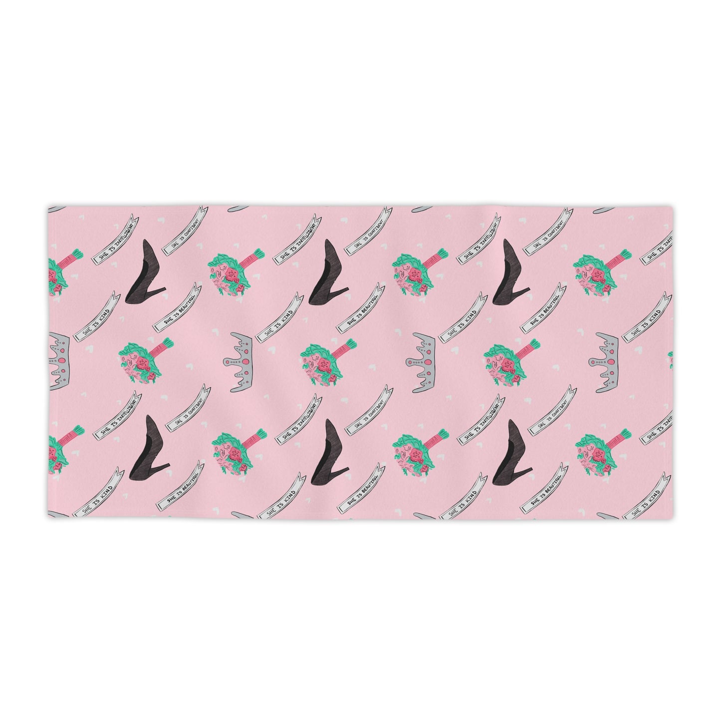 Pageant Princess Pattern Beach Towel — Pink Crowns, Heels, Sashes & Bouquets Design