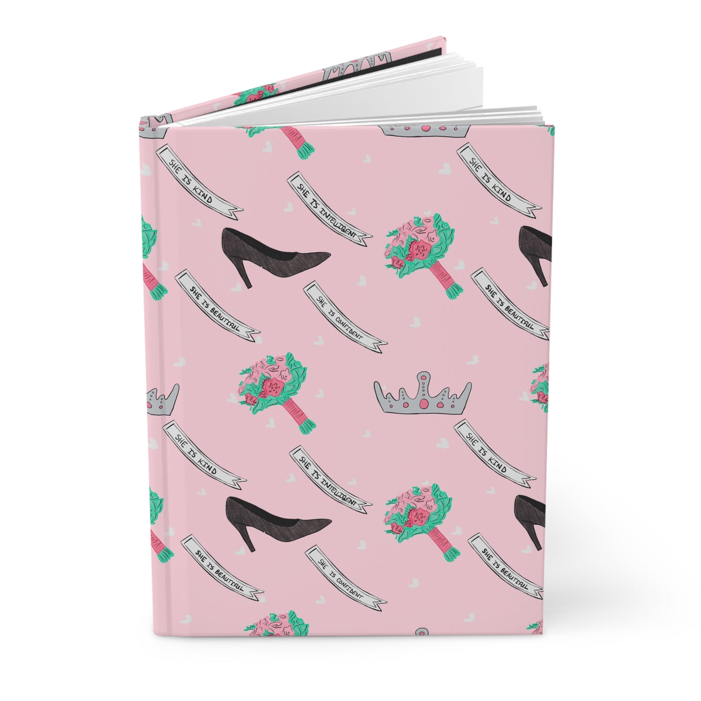 Princess Page Hardcover Journal — Pink Crown, Bouquet & Heels Pattern