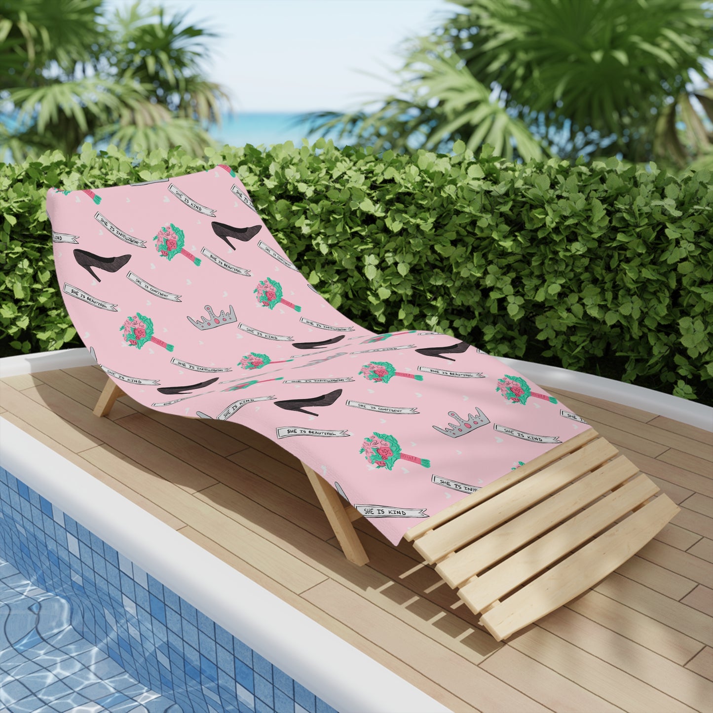 Pageant Princess Pattern Beach Towel — Pink Crowns, Heels, Sashes & Bouquets Design