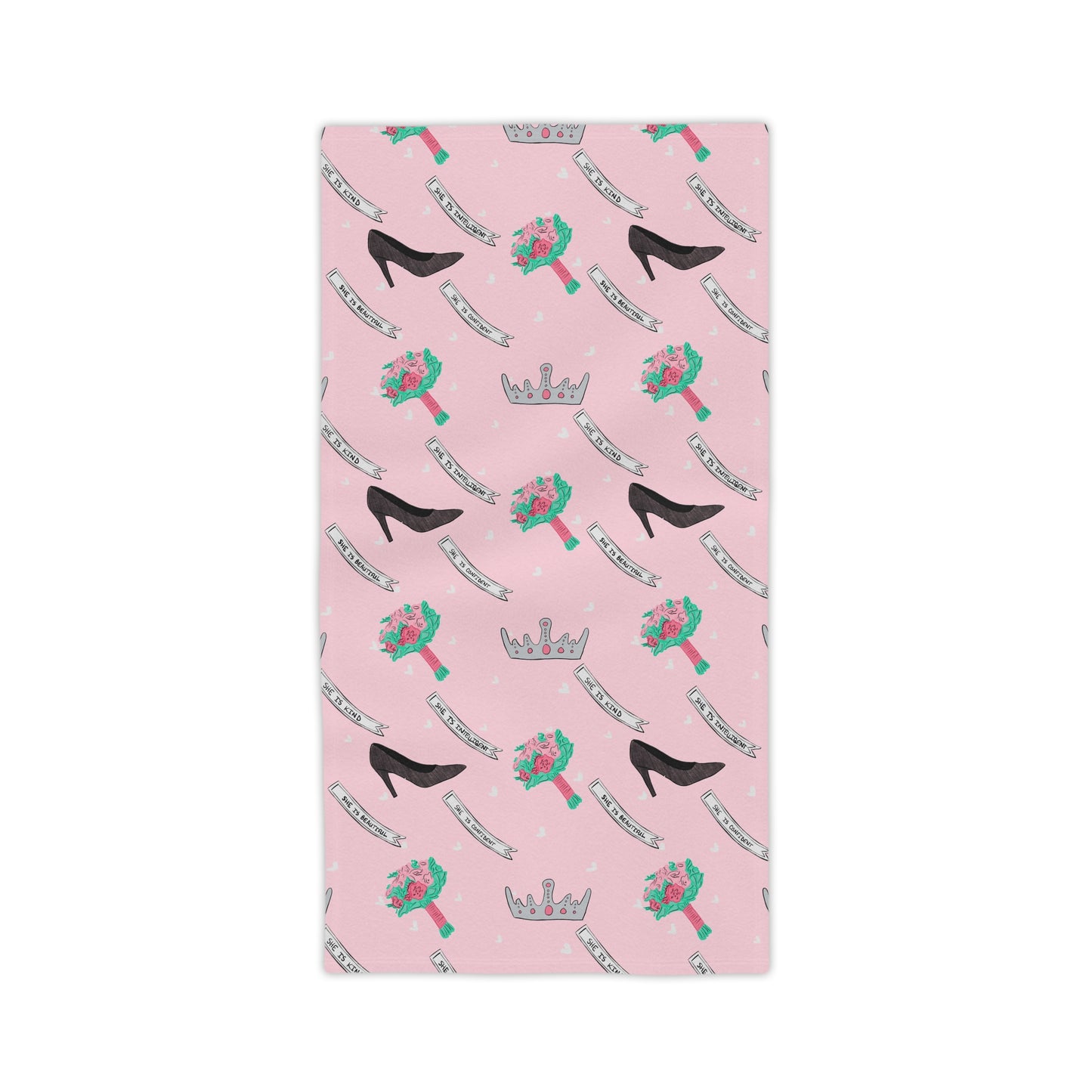 Pageant Princess Pattern Beach Towel — Pink Crowns, Heels, Sashes & Bouquets Design