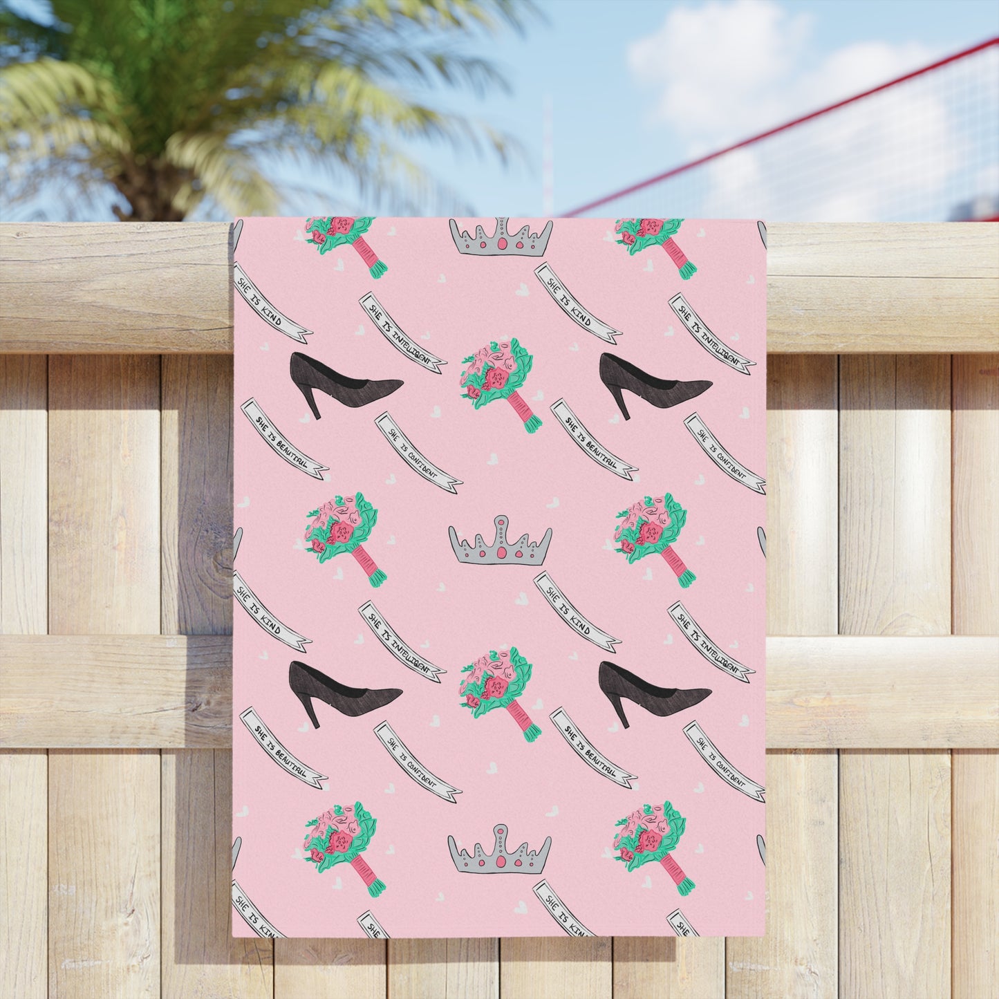 Pageant Princess Pattern Beach Towel — Pink Crowns, Heels, Sashes & Bouquets Design