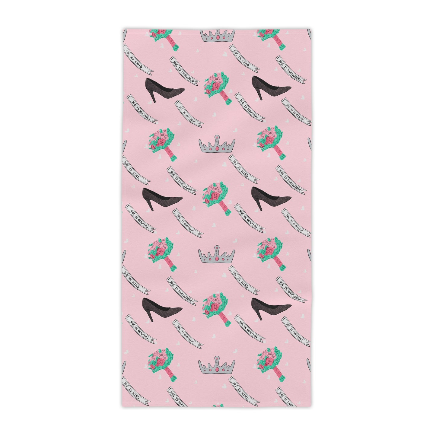 Pageant Princess Pattern Beach Towel — Pink Crowns, Heels, Sashes & Bouquets Design