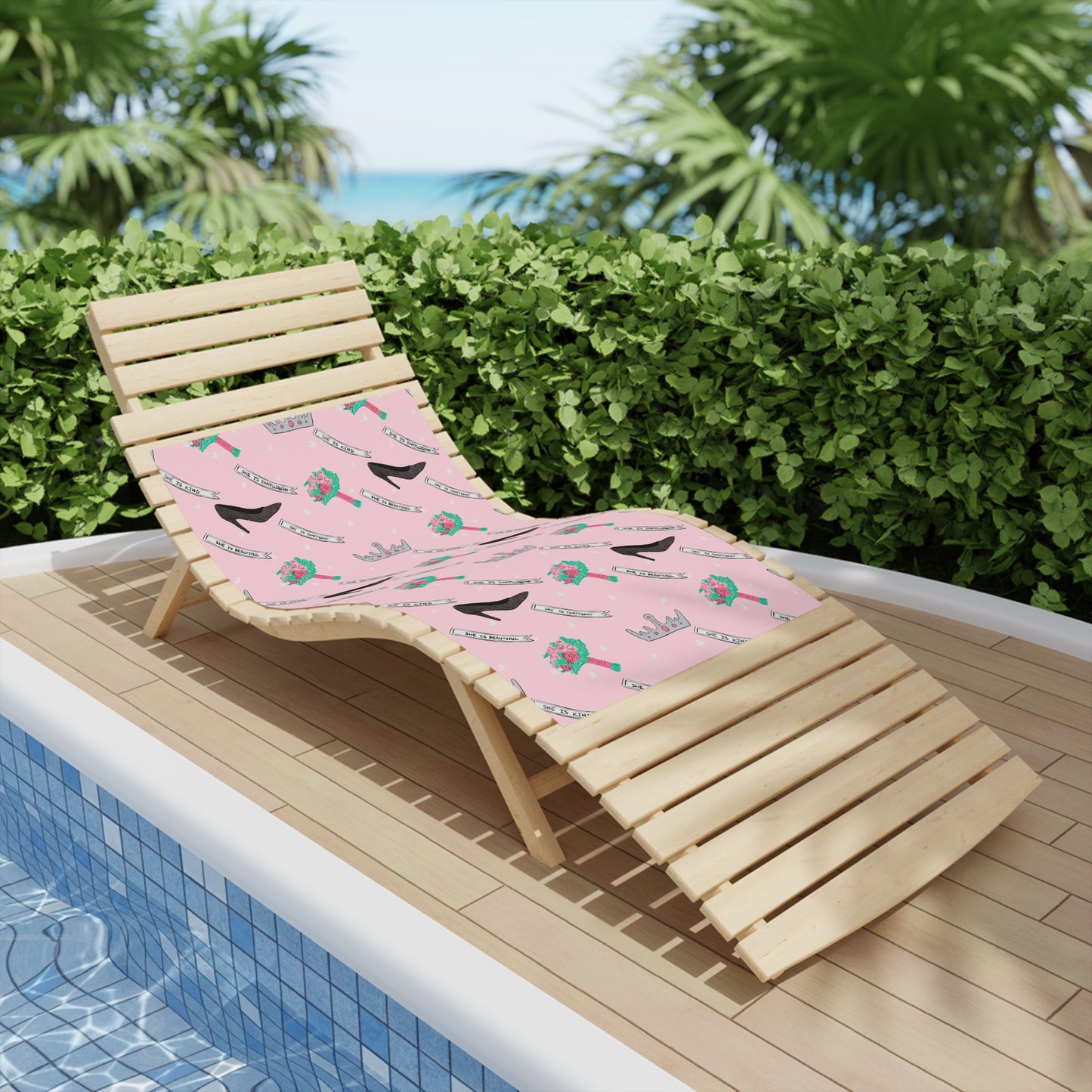 Pageant Princess Pattern Beach Towel — Pink Crowns, Heels, Sashes & Bouquets Design