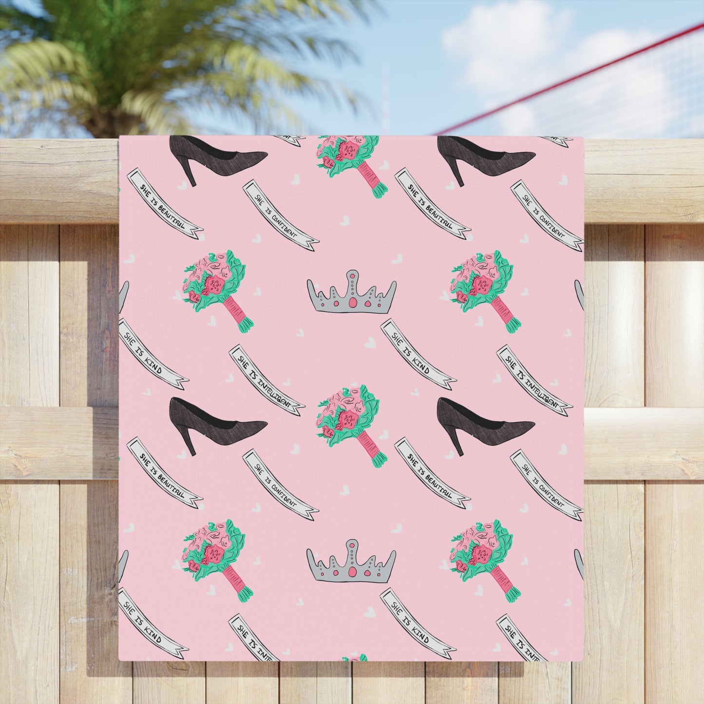 Pageant Princess Pattern Beach Towel — Pink Crowns, Heels, Sashes & Bouquets Design